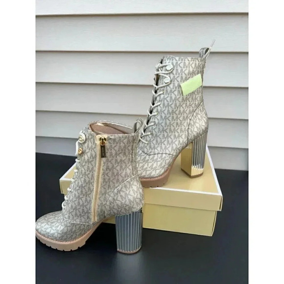 Michael Kors Porter Lace Up Boot Designer MK Signature Pale Gold - Picture 8 of 12